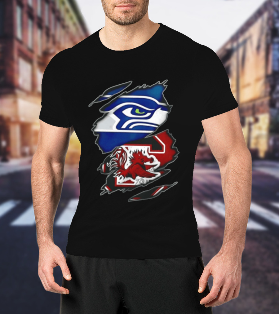Seattle Seahawks South Carolina Gamecocks Torn Fabric Reveal Team Logos T-Shirt