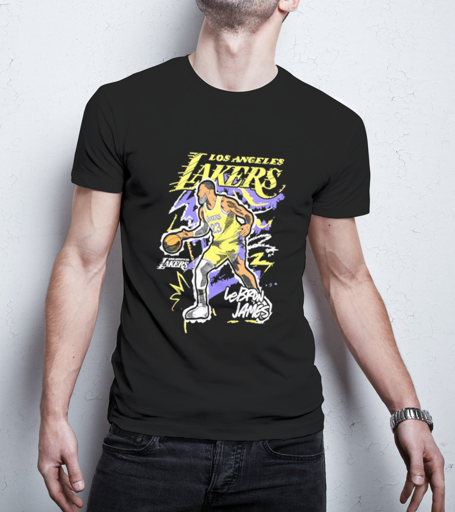 LeBron James Los Angeles Lakers 23 NBA Basketball Player Sketch Yellow Purple T-Shirt