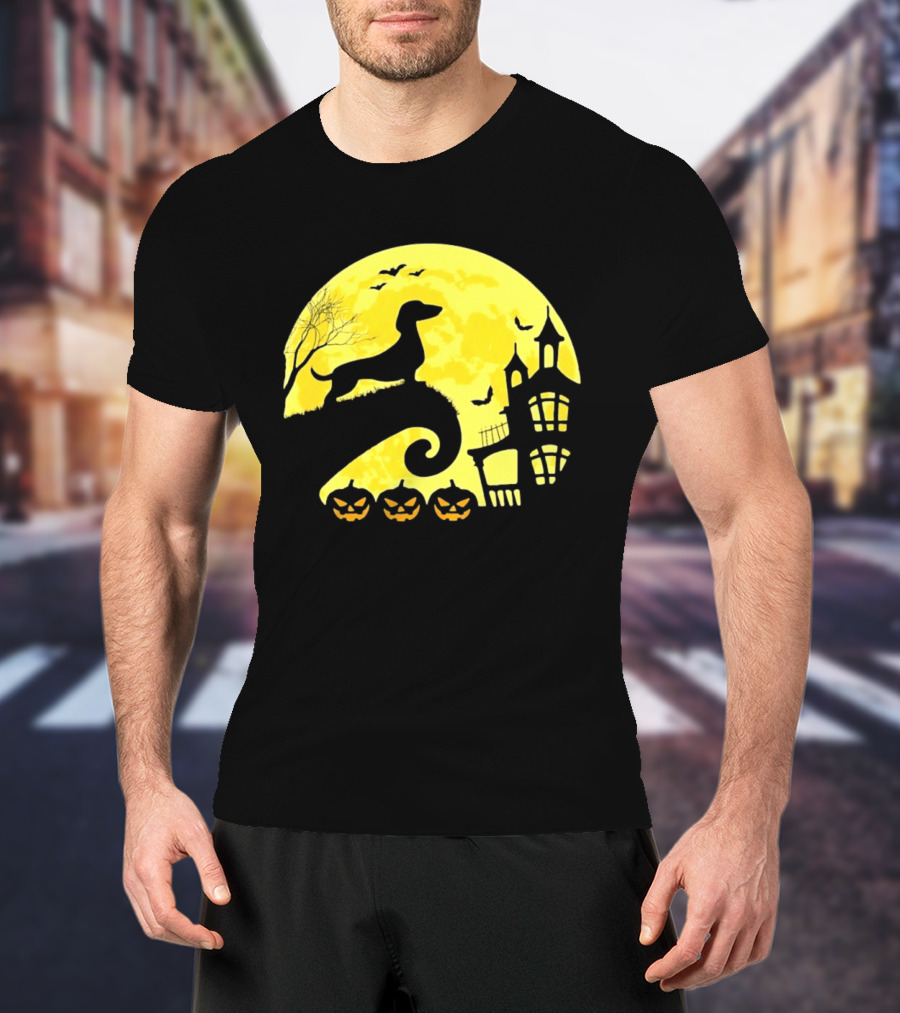 Dachshund Halloween Moon Spooky Night With Pumpkins T-Shirt