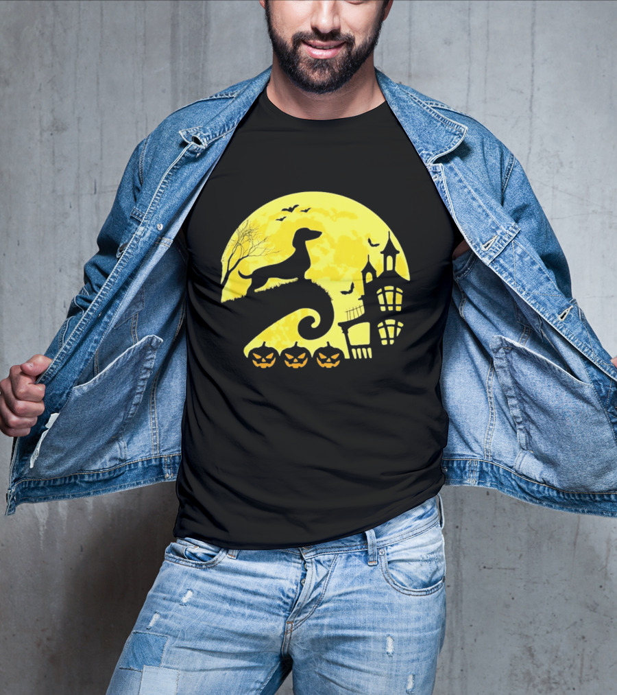 Dachshund Halloween Moon Spooky Night With Pumpkins T-Shirt