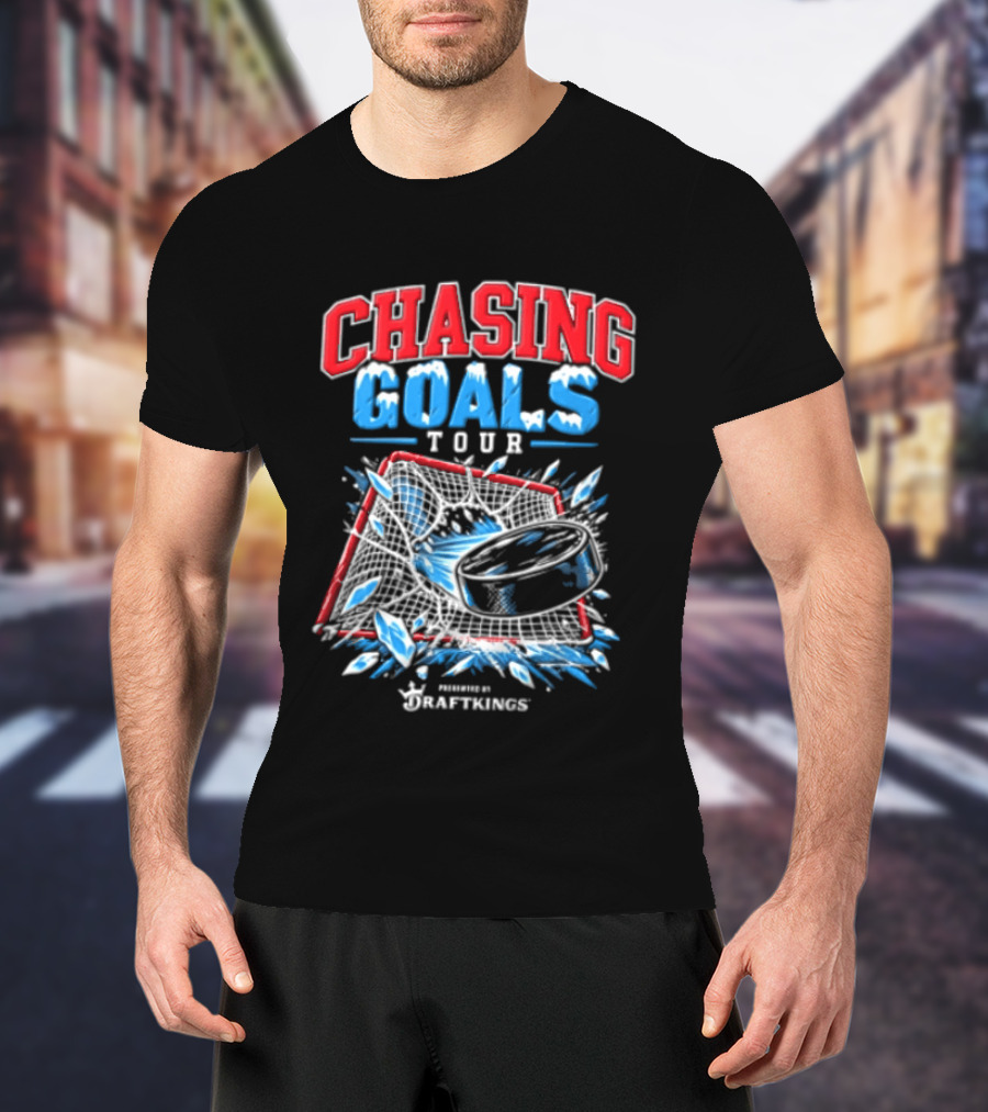 DraftKings Chasing Goals Tour Hockey Puck Crashing Into Net T-Shirt
