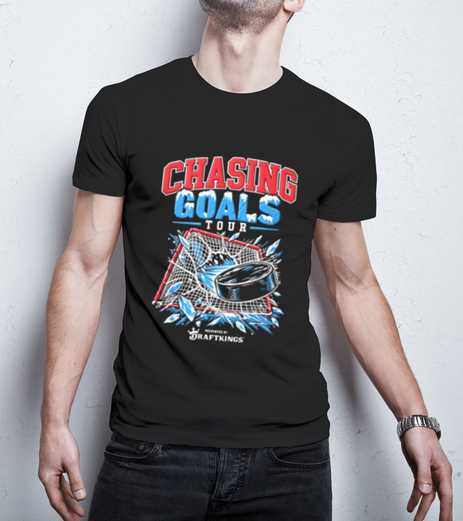 DraftKings Chasing Goals Tour Hockey Puck Crashing Into Net T-Shirt