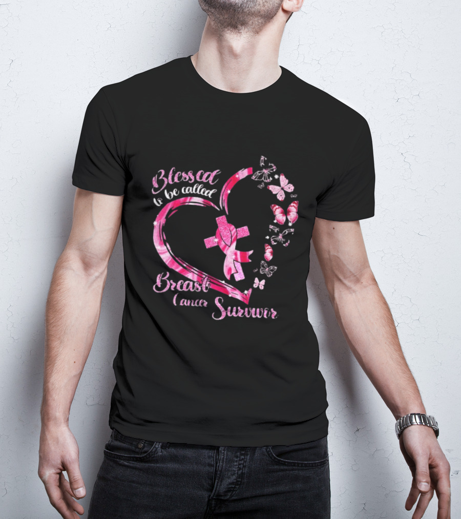 Blessed To Be Called Breast Cancer Survivor Pink Butterfly Ribbon Heart T-Shirt