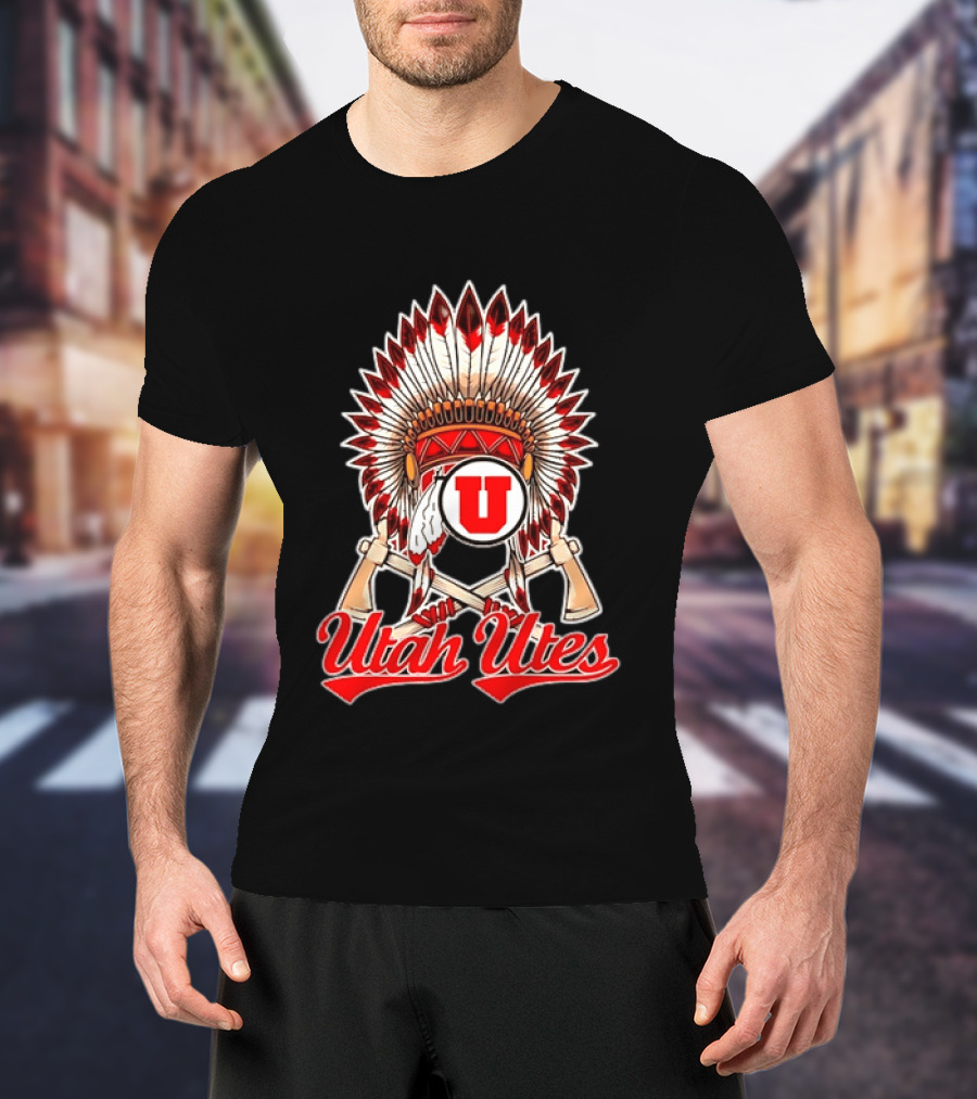 Utah Utes Headdress And Tomahawks Logo With Red And White U T-Shirt