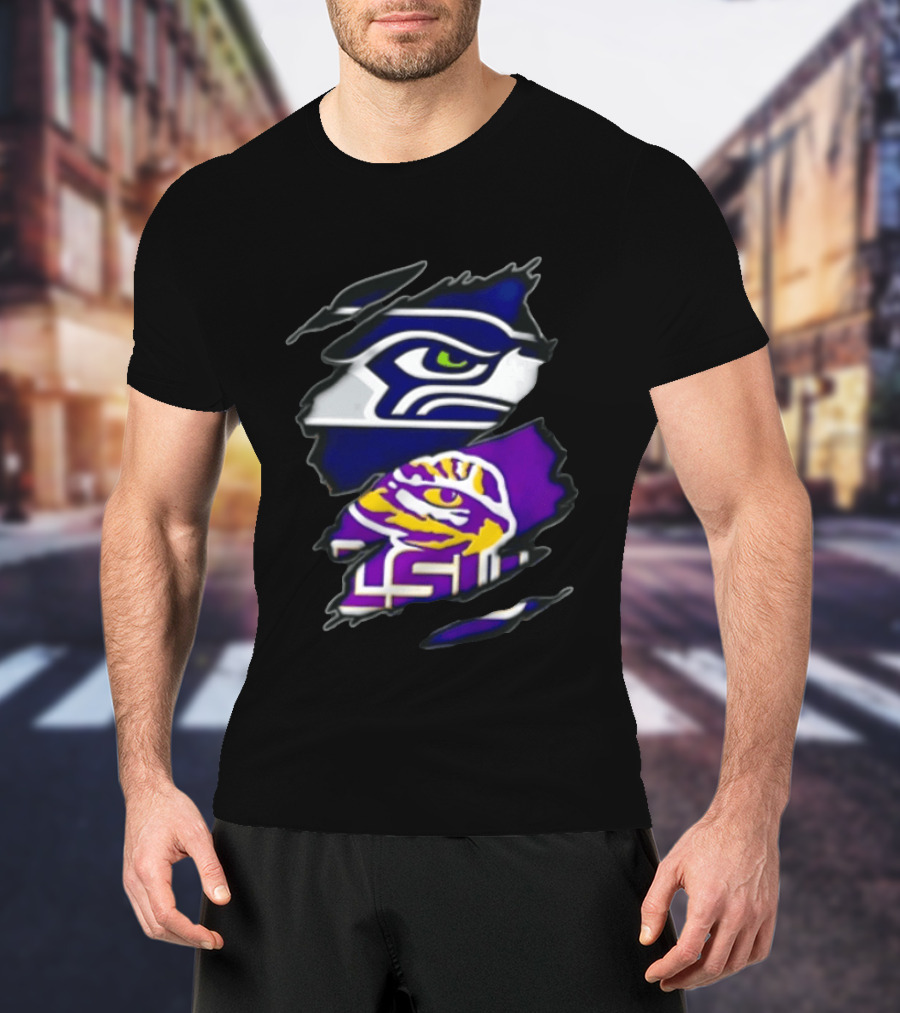 Seattle Seahawks Louisiana State University Ripped Fabric Reveal Seahawks Tiger Eye T-Shirt