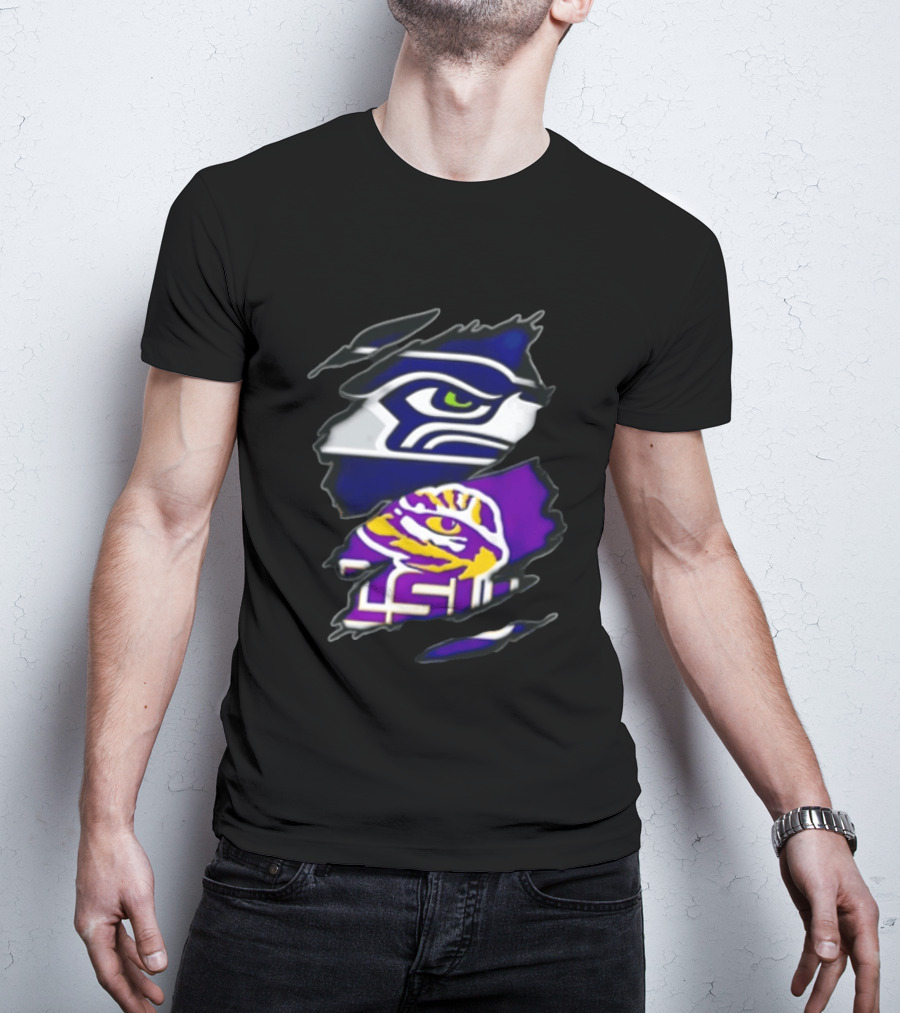 Seattle Seahawks Louisiana State University Ripped Fabric Reveal Seahawks Tiger Eye T-Shirt