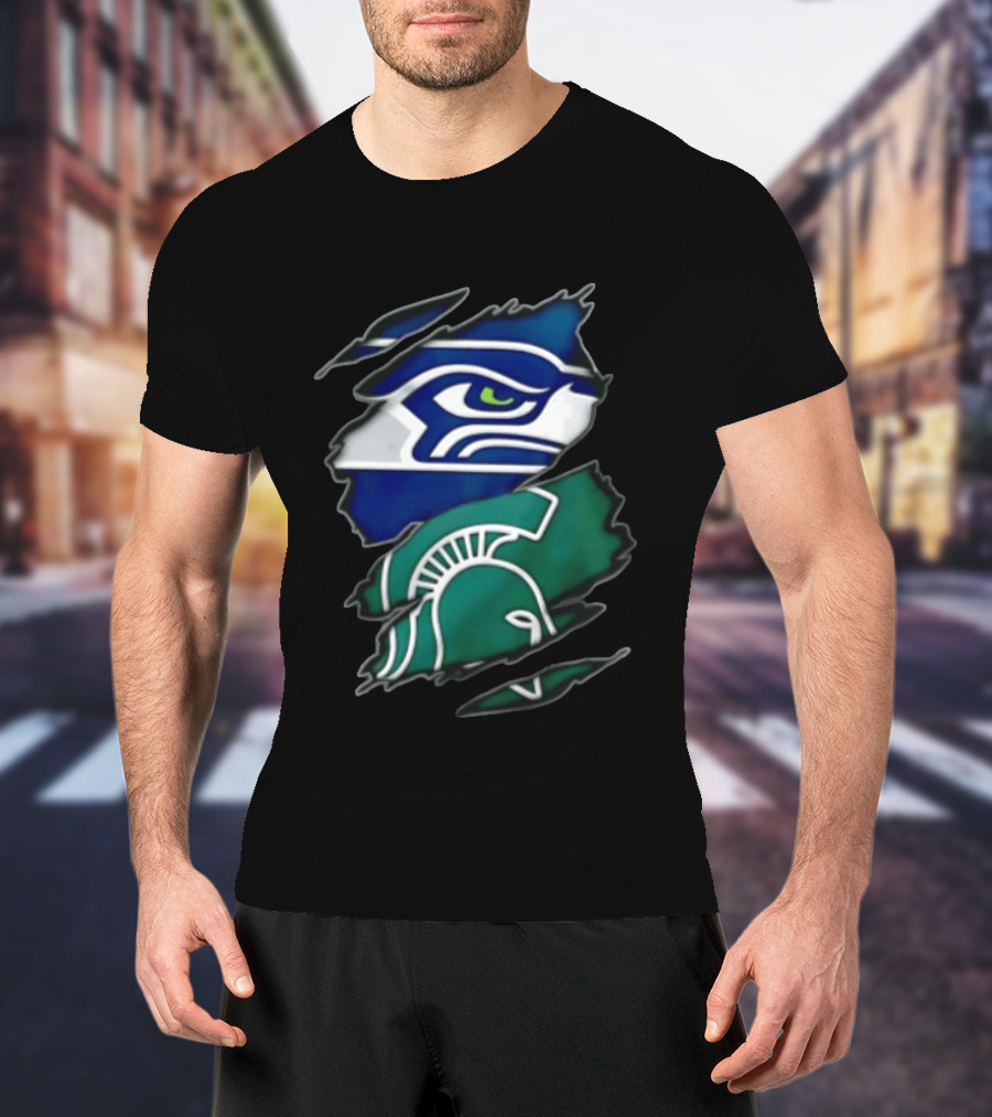 Seattle Seahawks Michigan State Spartans Torn Fabric Reveal Sports Logos T-Shirt