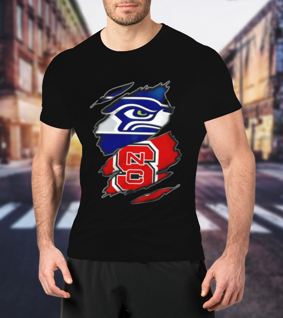 Seattle Seahawks North Carolina State Wolfpack Torn Fabric NFL NCAA Team T-Shirt