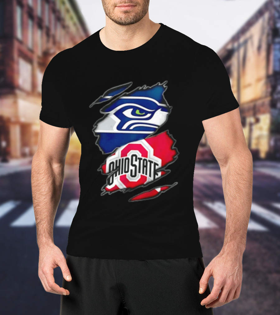 Seattle Seahawks Ohio State Buckeyes Torn Fabric Effect Team Logos T-Shirt