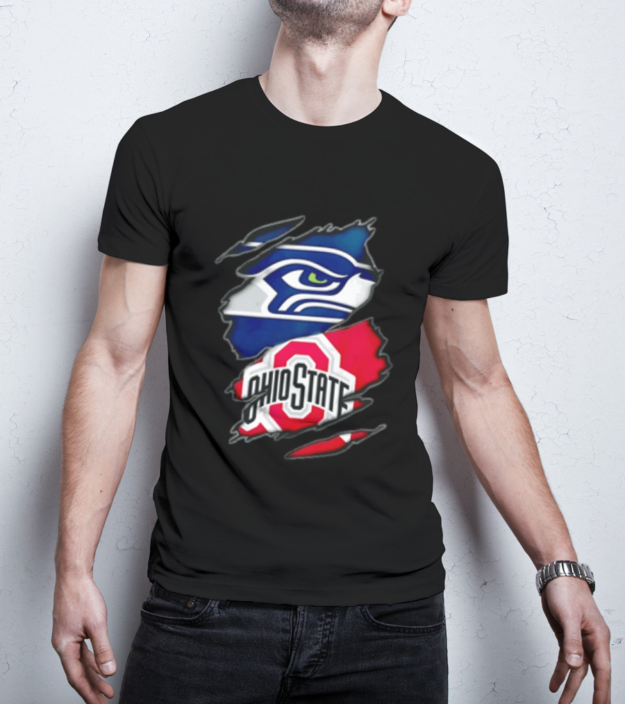 Seattle Seahawks Ohio State Buckeyes Torn Fabric Effect Team Logos T-Shirt