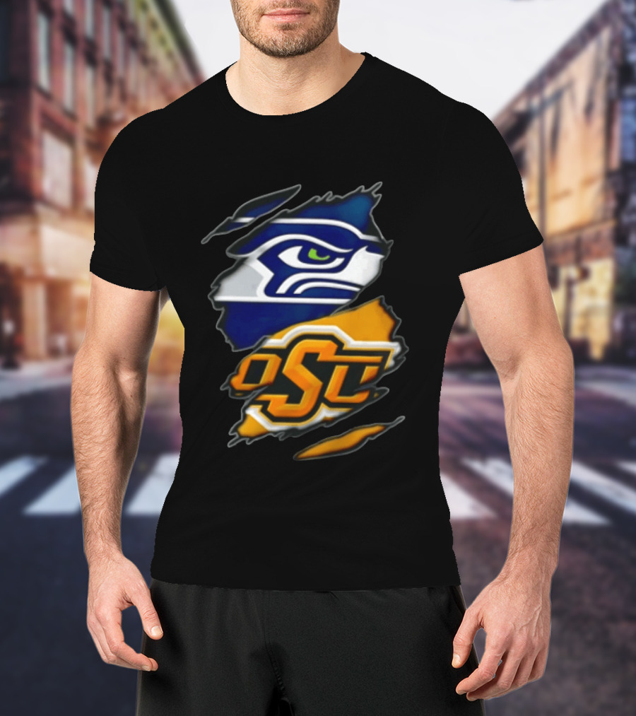 Seattle Seahawks Oklahoma State Cowboys Torn Fabric Reveal Sports T-Shirt