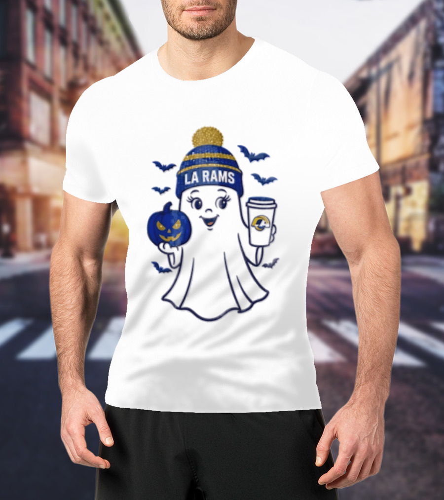 Los Angeles Rams Beanie Ghost Holding Pumpkin And Coffee Halloween T-Shirt