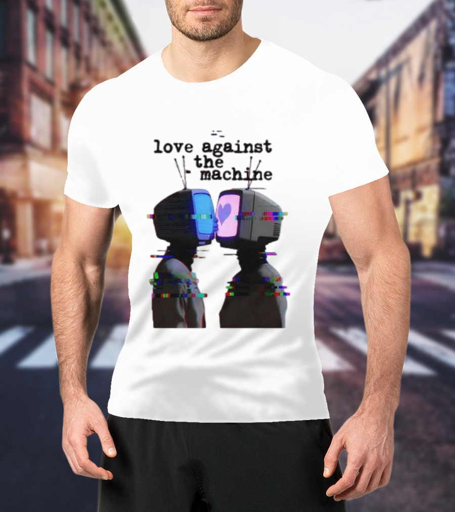 Love Against The Machine Two Television Heads Kissing Glitch Heart T-Shirt