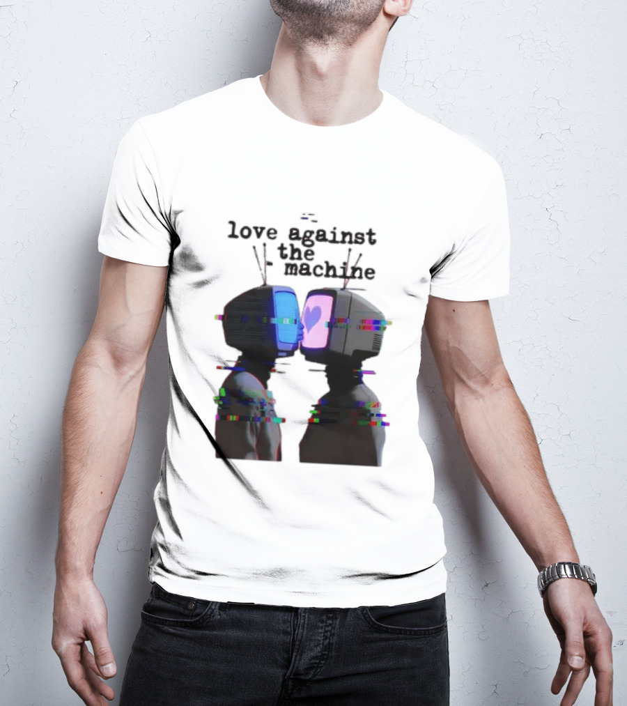 Love Against The Machine Two Television Heads Kissing Glitch Heart T-Shirt