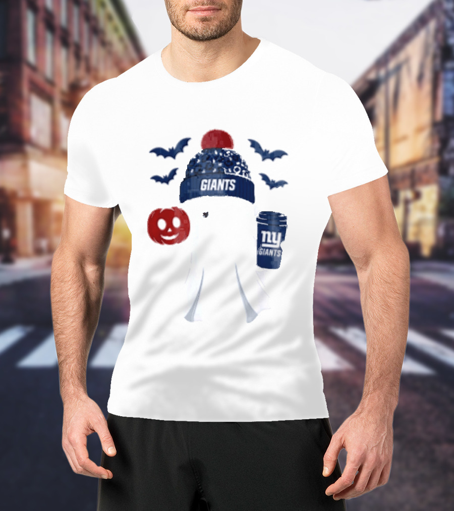 New York Giants Ghost Halloween Beanie With Pumpkin Coffee And Bats T-Shirt