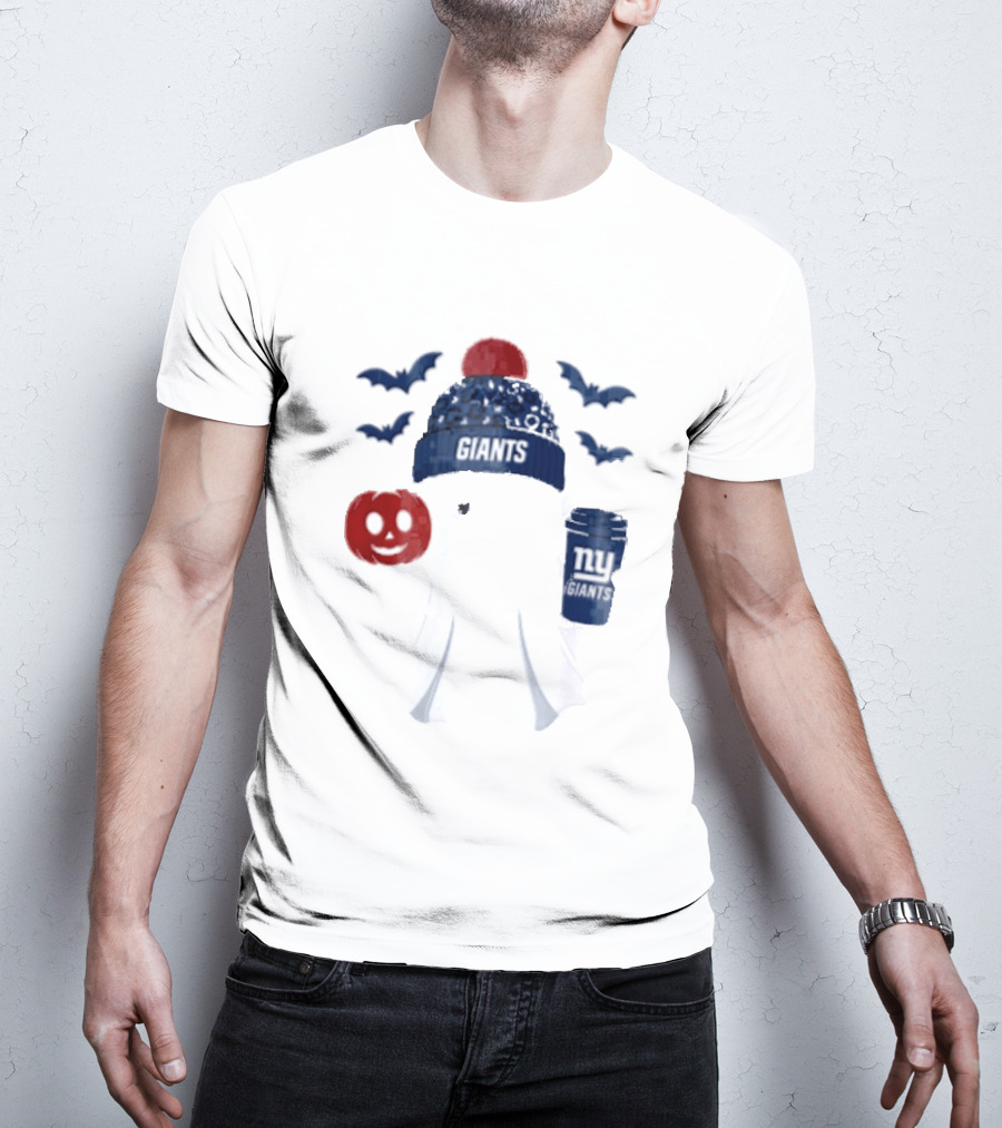 New York Giants Ghost Halloween Beanie With Pumpkin Coffee And Bats T-Shirt