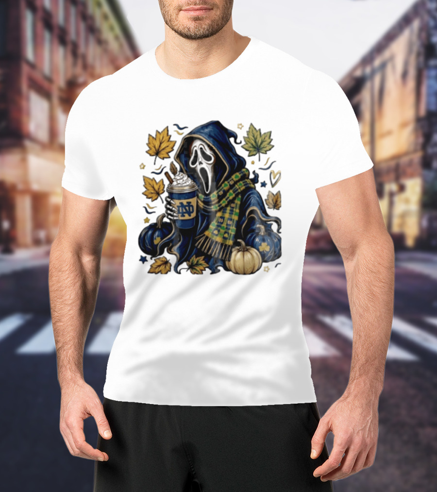 Notre Dame Ghostface Holding Coffee Autumn Leaves Pumpkins T-Shirt
