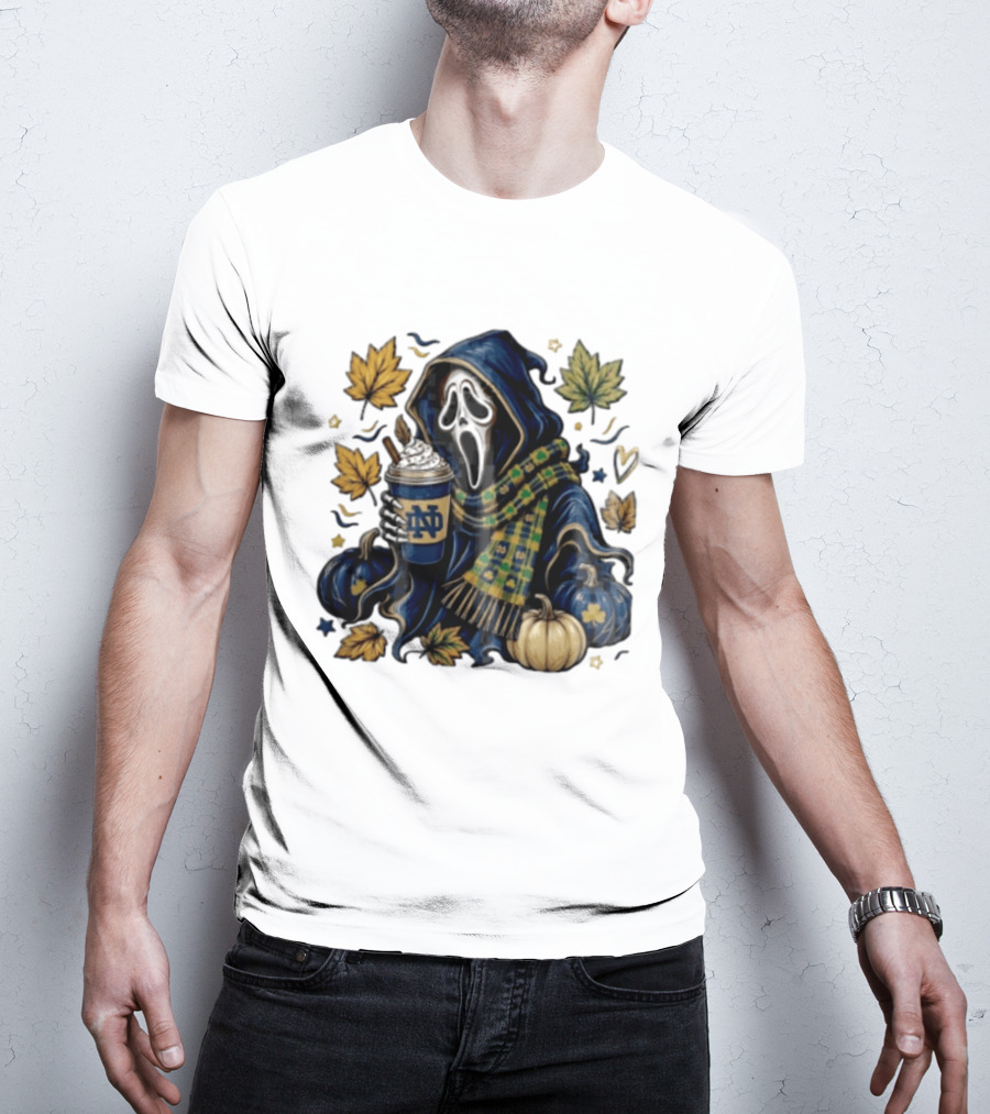 Notre Dame Ghostface Holding Coffee Autumn Leaves Pumpkins T-Shirt