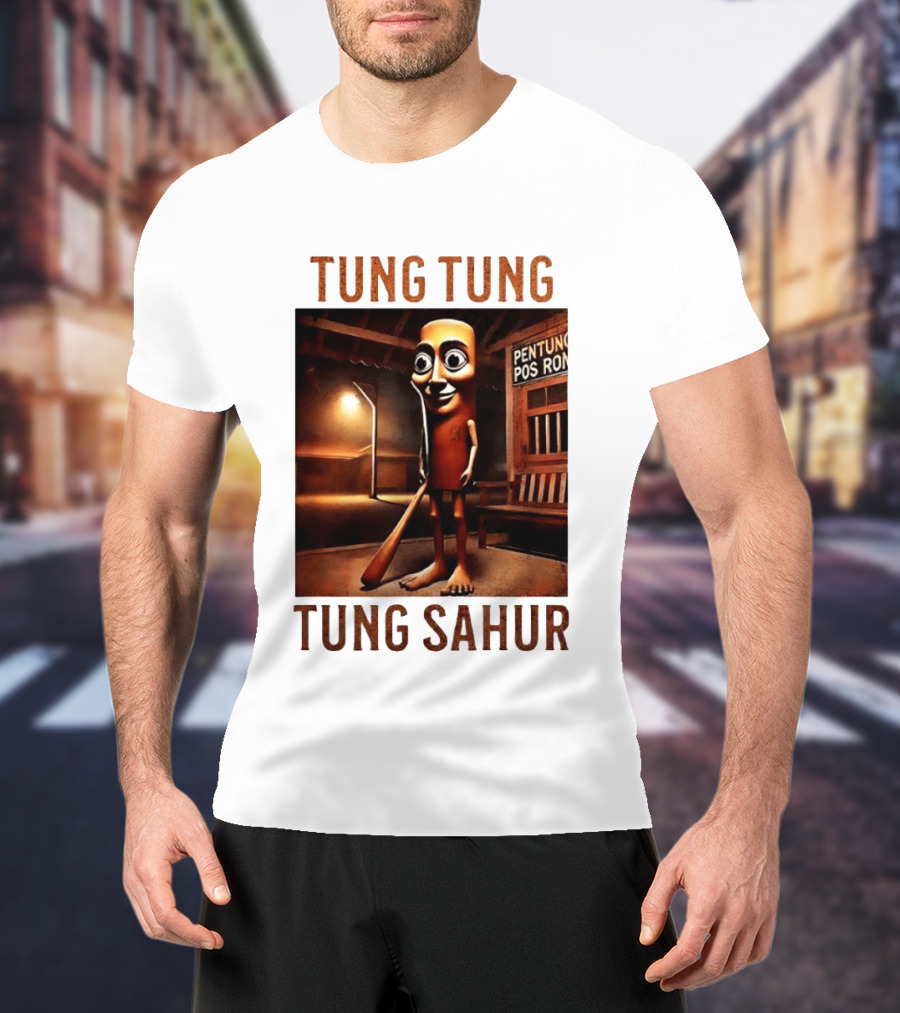 Tung Tung Tung Sahur Pentung Pos Ron Indonesian Culture Night Scene T-Shirt