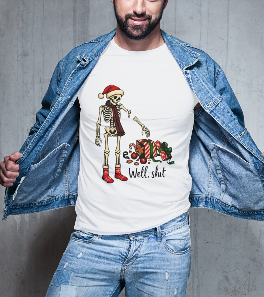 Well Shit Christmas Skeleton Gingerbread Man Santa Hat T-Shirt