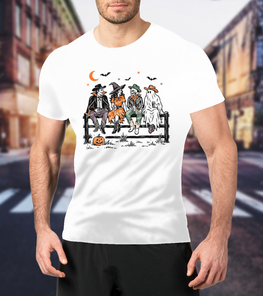 Witch Skeleton Ghost Vampire Western Halloween Scene With Pumpkins And Bats T-Shirt