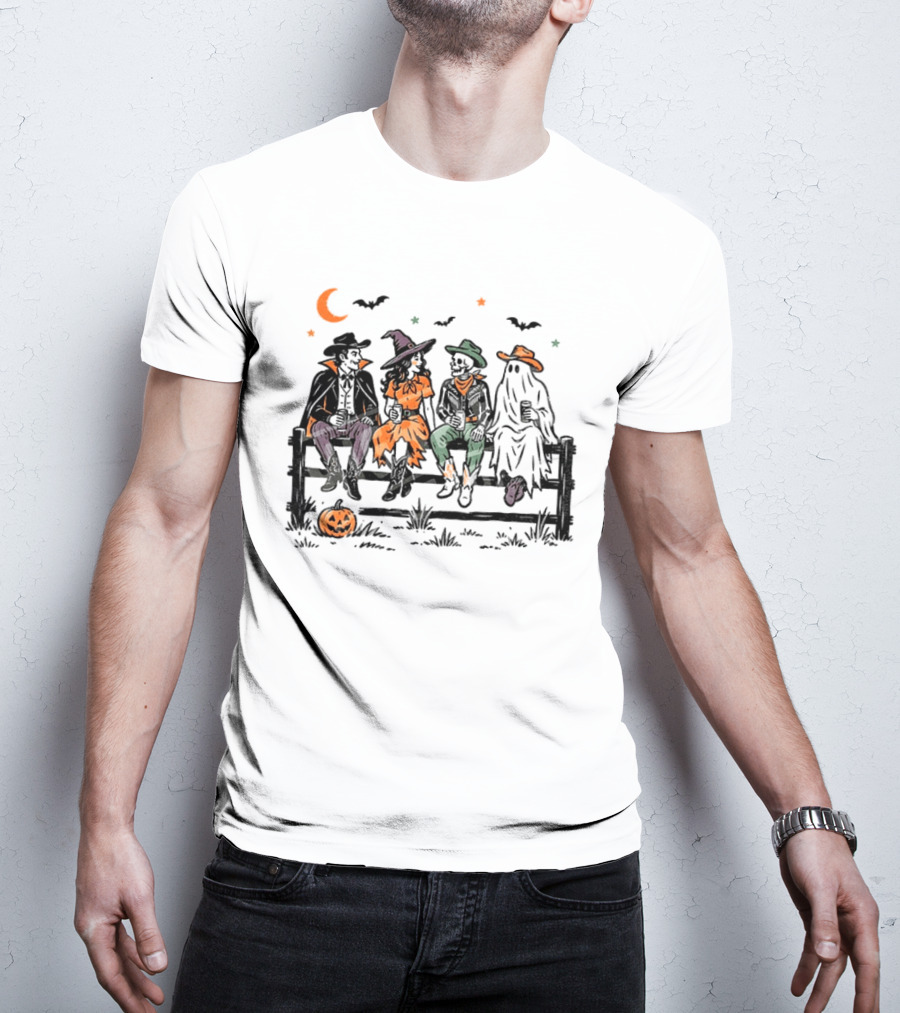 Witch Skeleton Ghost Vampire Western Halloween Scene With Pumpkins And Bats T-Shirt