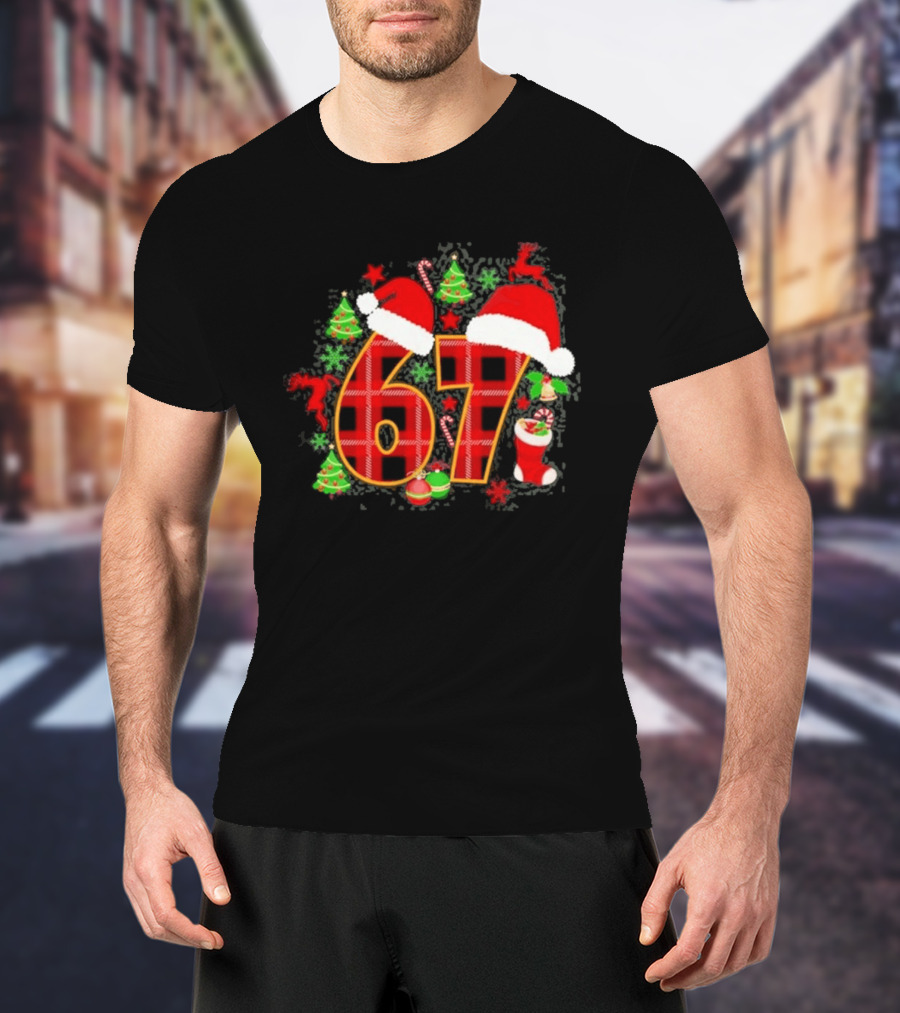 67 Christmas Plaid With Santa Hats And Festive Decorations T-Shirt