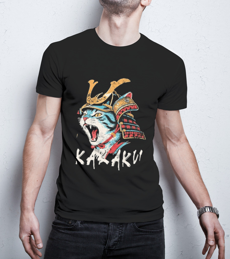 Karaku Distressed Samurai Cat With Helmet And Snarling Expression T-Shirt