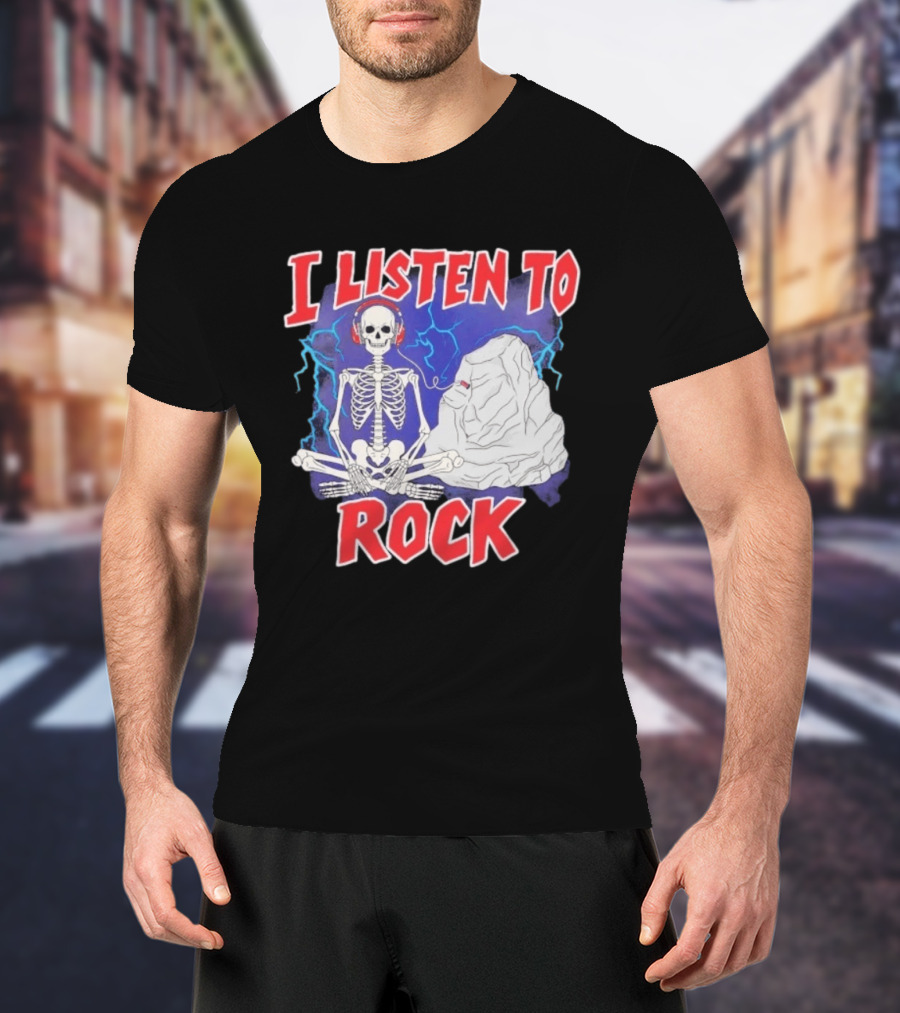 I Listen To Rock Skeleton Headphones Music T-Shirt