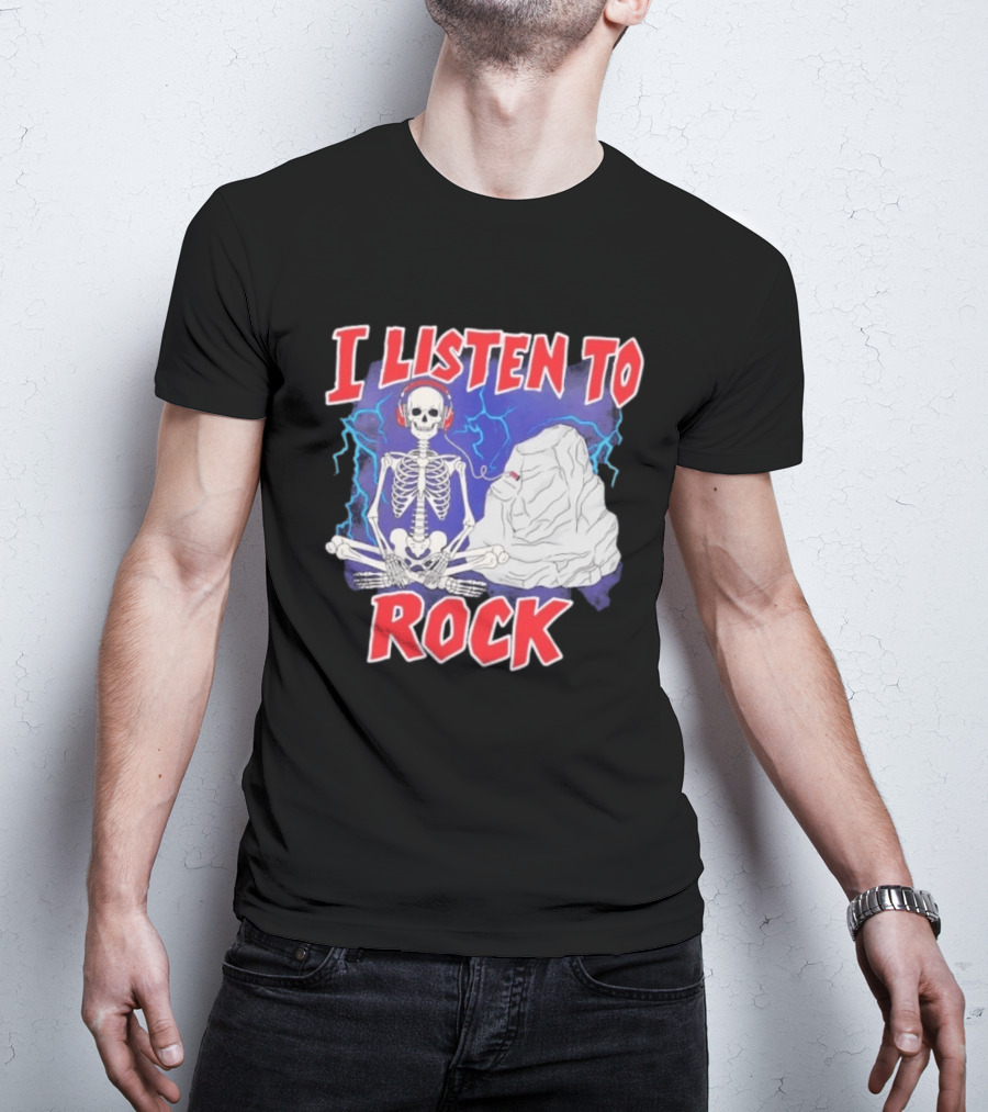 I Listen To Rock Skeleton Headphones Music T-Shirt