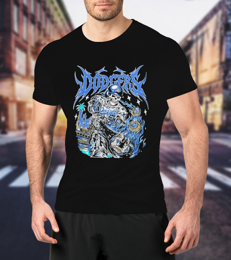Los Angeles Dodgers Skeleton Player With Baseball Bat And Championship Rings T-Shirt