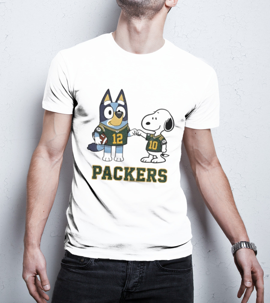 Bluey Snoopy Packers Football Friends Wearing 12 And 10 Jerseys T-Shirt