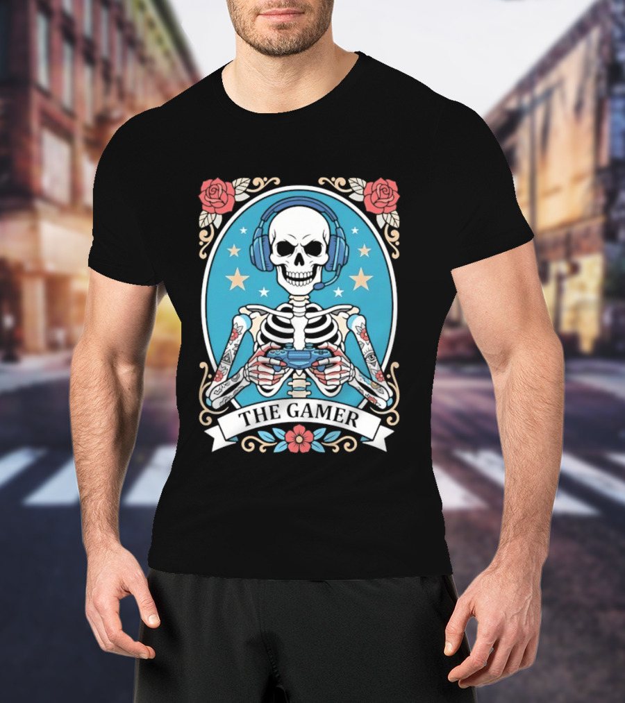 The Gamer Skeleton Headphones Controller Stars Roses T-Shirt