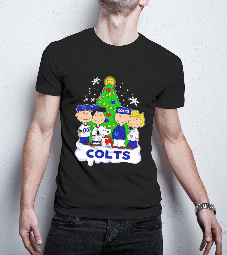 Peanuts Characters Indianapolis Colts Christmas Tree Snoopy Woodstock Snowflakes T-Shirt