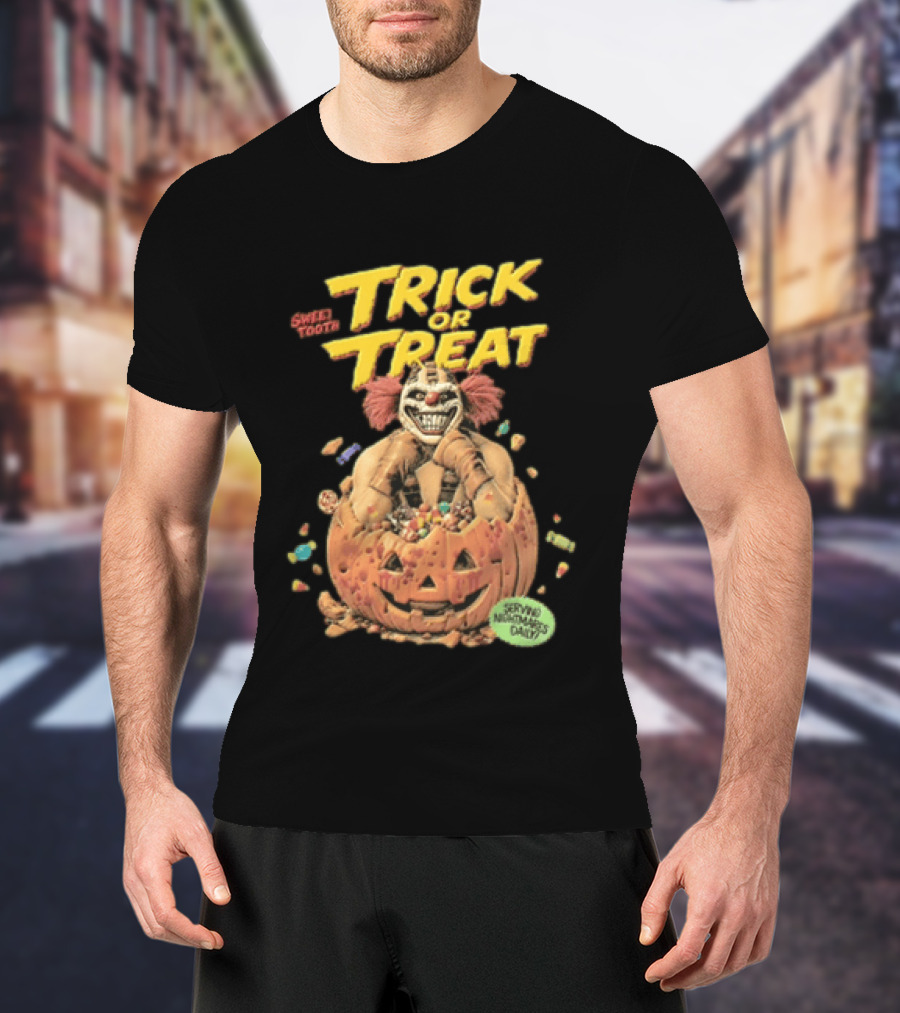 Twisted Metal Sweet Tooth Trick Or Treat Serving Nightmares Daily Pumpkin Candy T-Shirt