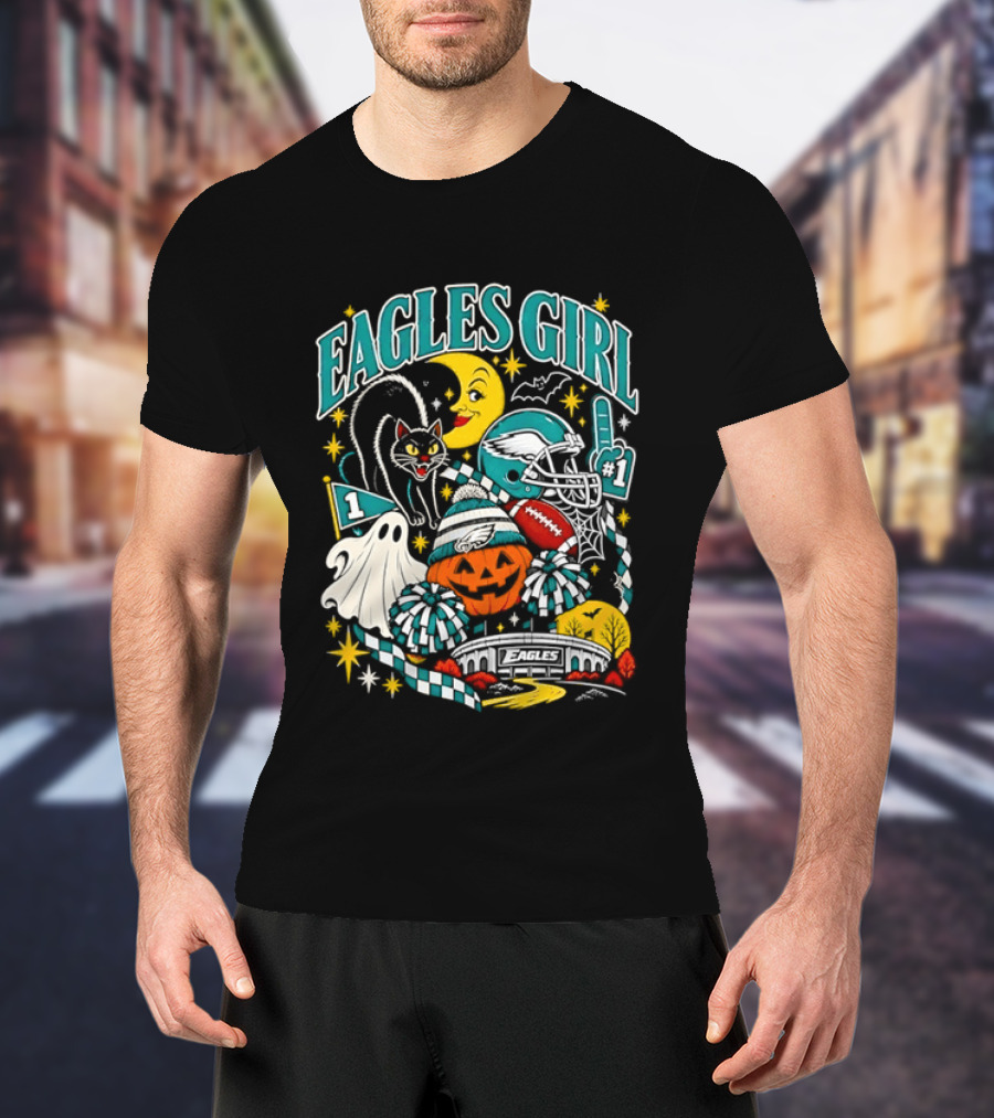 Eagles Girl Halloween Football Moon Cat Pumpkin Stadium T-Shirt