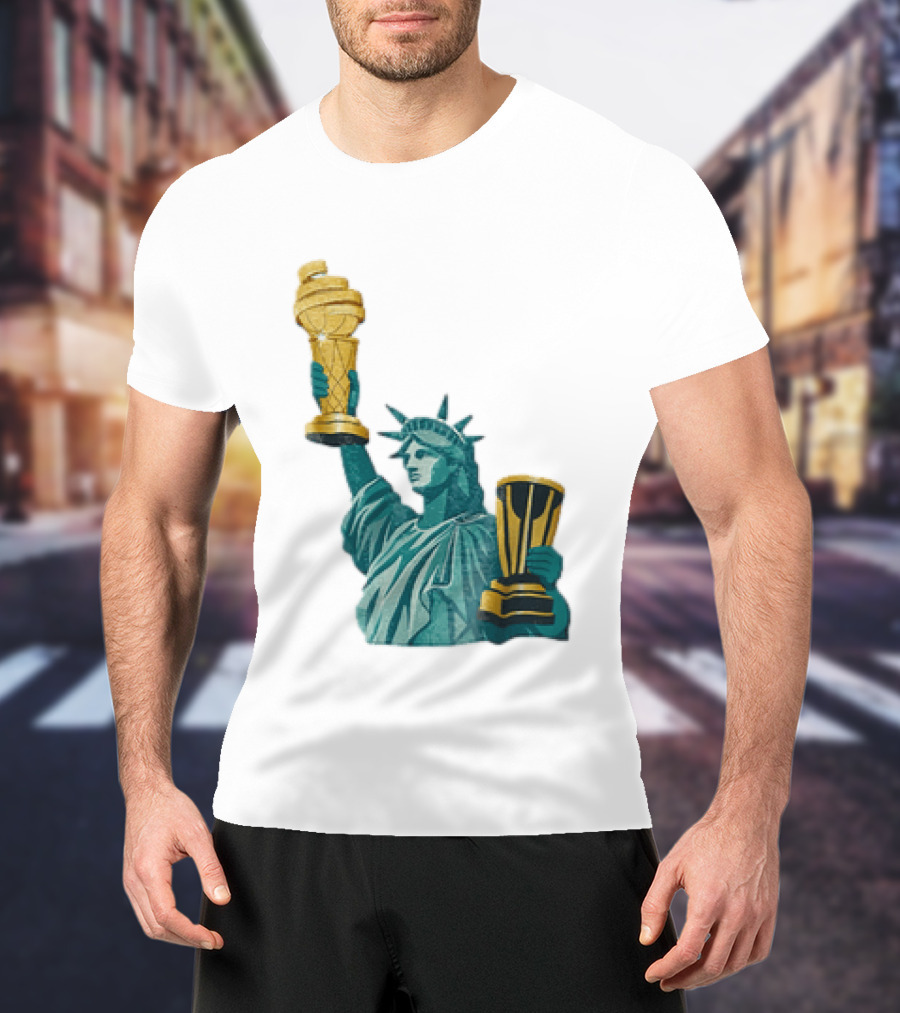 Lady Liberty Holding Dual Championship Trophies Soccer And Basketball T-Shirt
