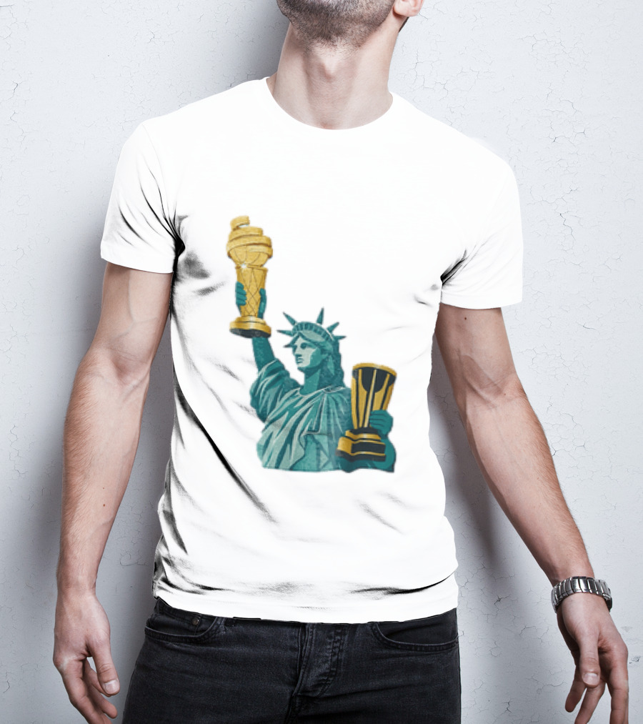 Lady Liberty Holding Dual Championship Trophies Soccer And Basketball T-Shirt