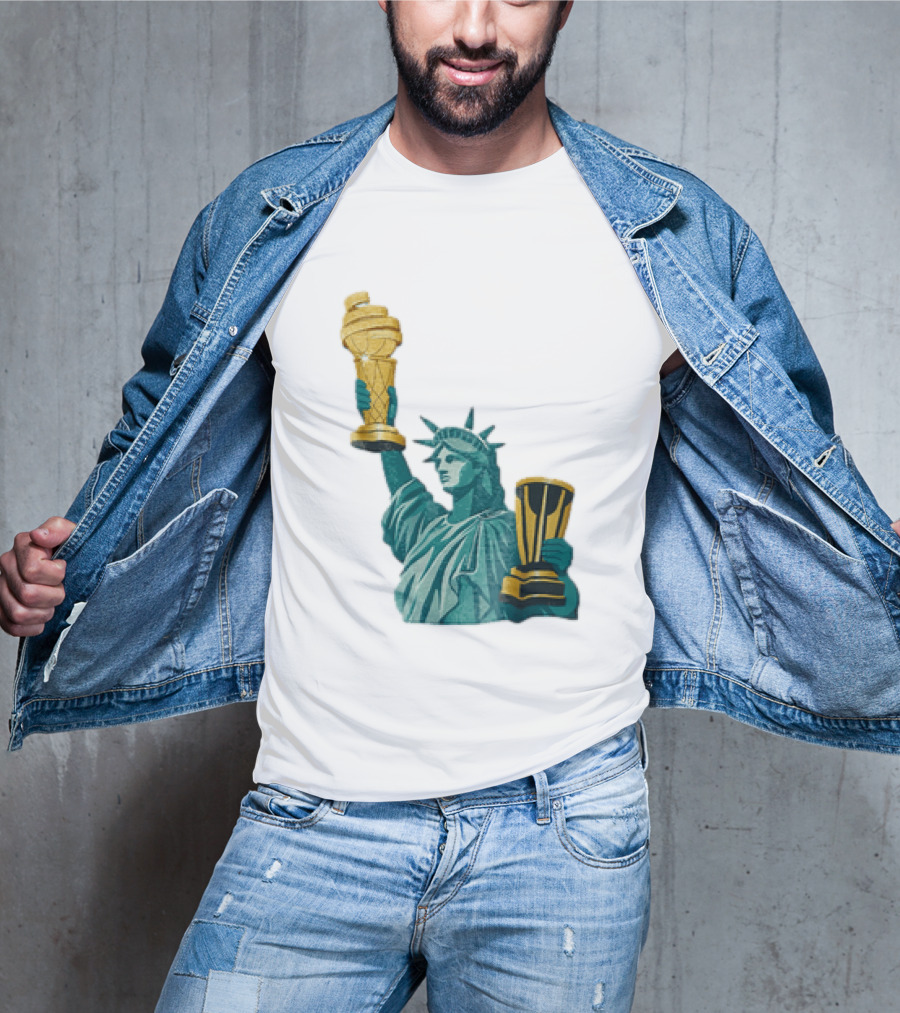 Lady Liberty Holding Dual Championship Trophies Soccer And Basketball T-Shirt