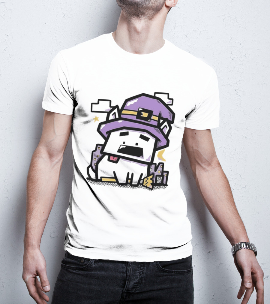Pixel Cat Wearing Witch Hat Cute Halloween 8 Bit T-Shirt
