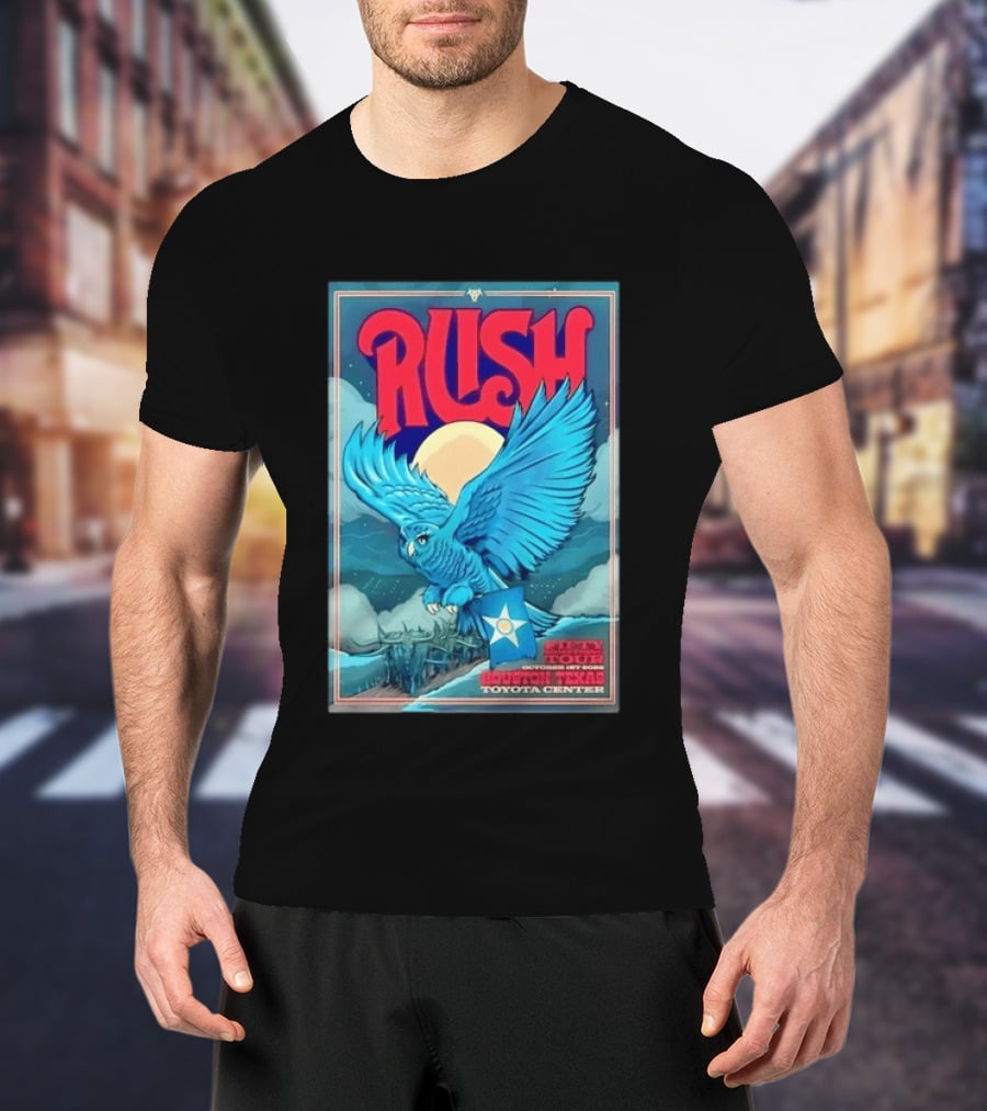 Rush Fifty Something Tour Houston Texas October 1st 2026 Toyota Center Blue Owl Moon Mountain Scene T-Shirt
