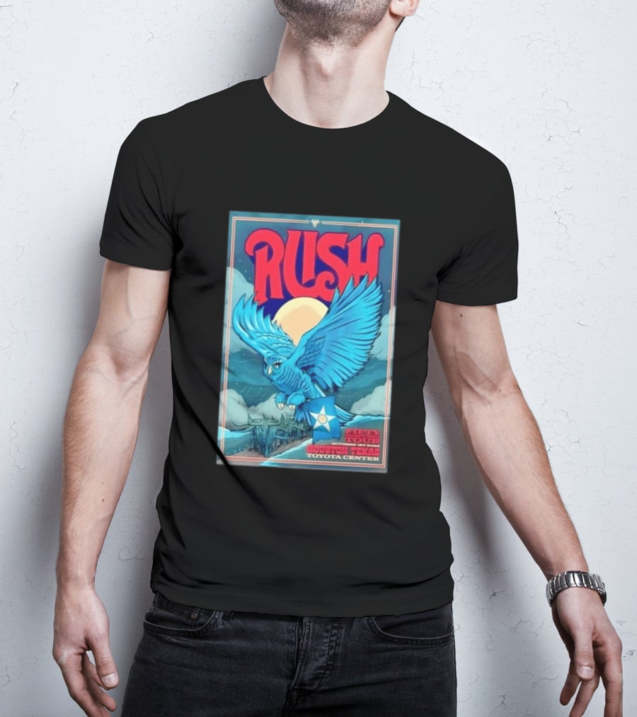 Rush Fifty Something Tour Houston Texas October 1st 2026 Toyota Center Blue Owl Moon Mountain Scene T-Shirt