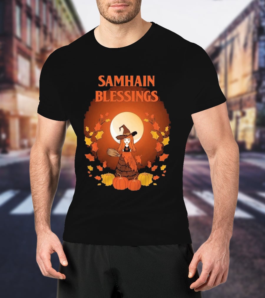 Samhain Blessings Little Witch And Pumpkin Magic Halloween T-Shirt