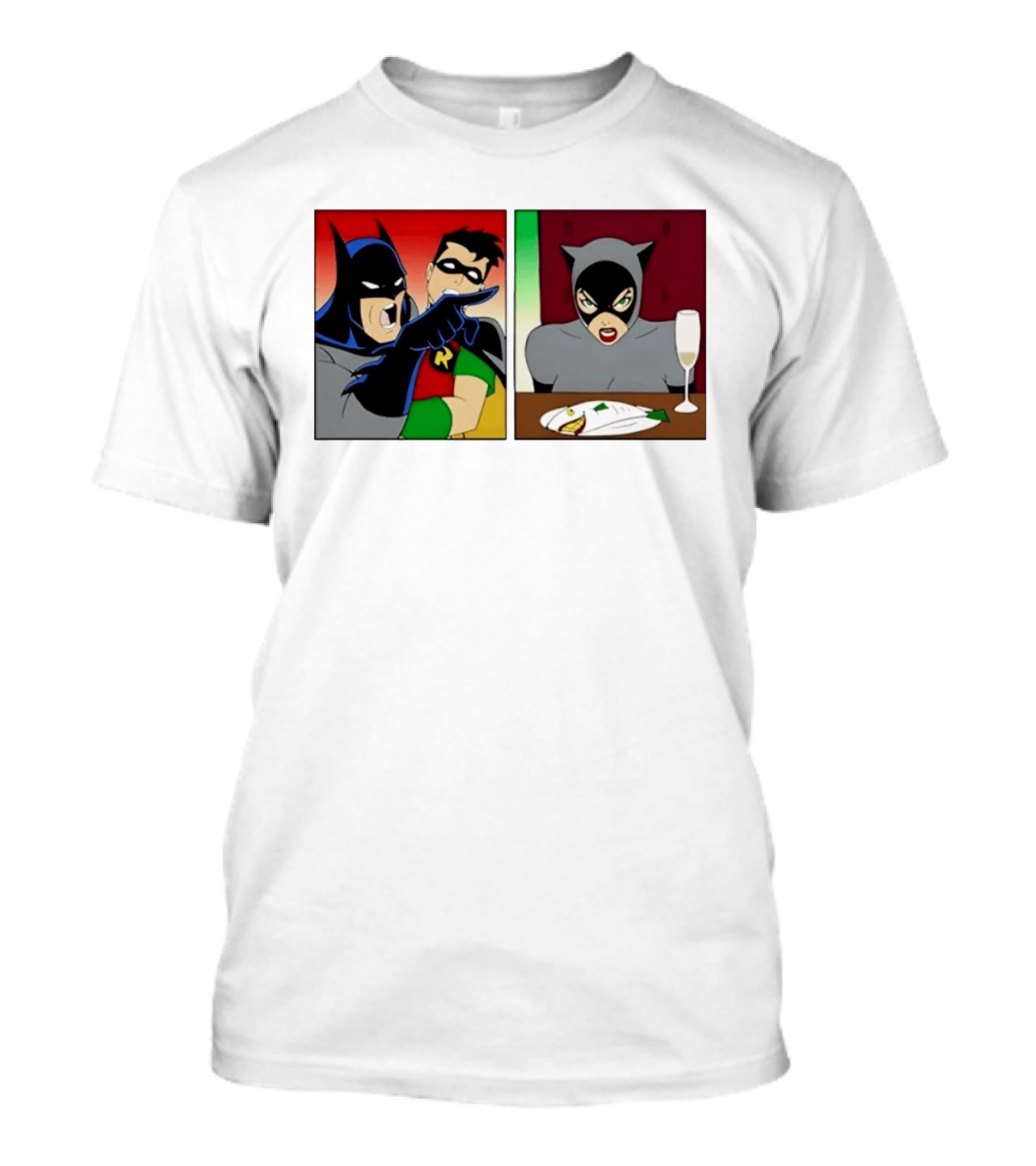 Batman Robin Yelling At Catwoman Meme Panel With Fish Plate And Wine Glass T-Shirt