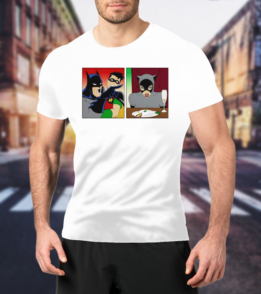 Batman Robin Yelling At Catwoman Meme Panel With Fish Plate And Wine Glass T-Shirt
