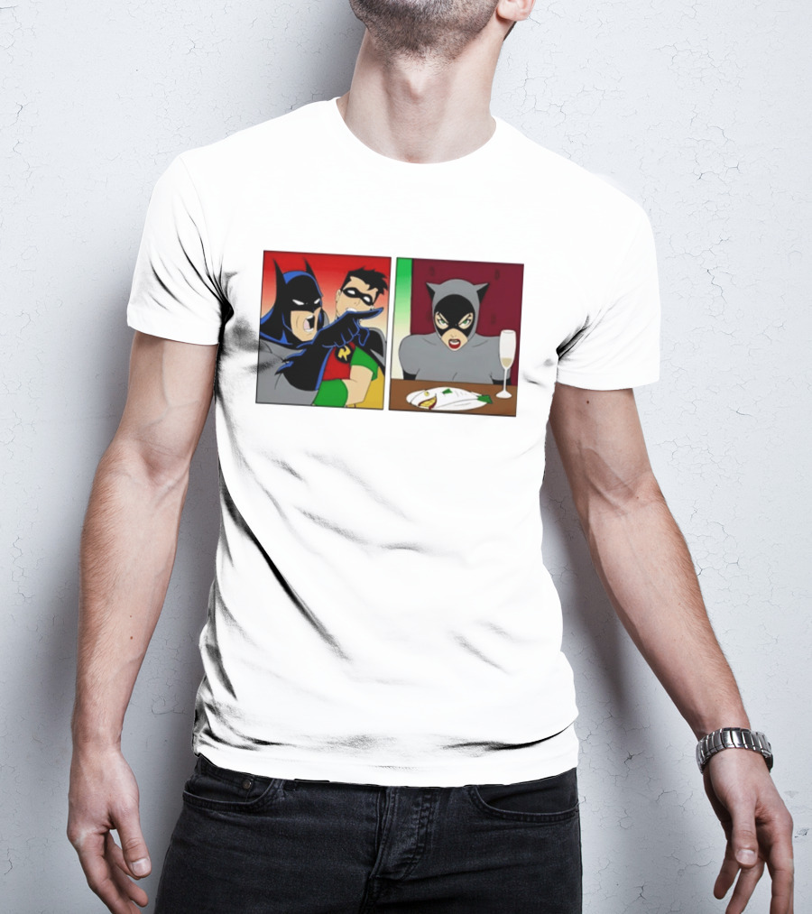 Batman Robin Yelling At Catwoman Meme Panel With Fish Plate And Wine Glass T-Shirt