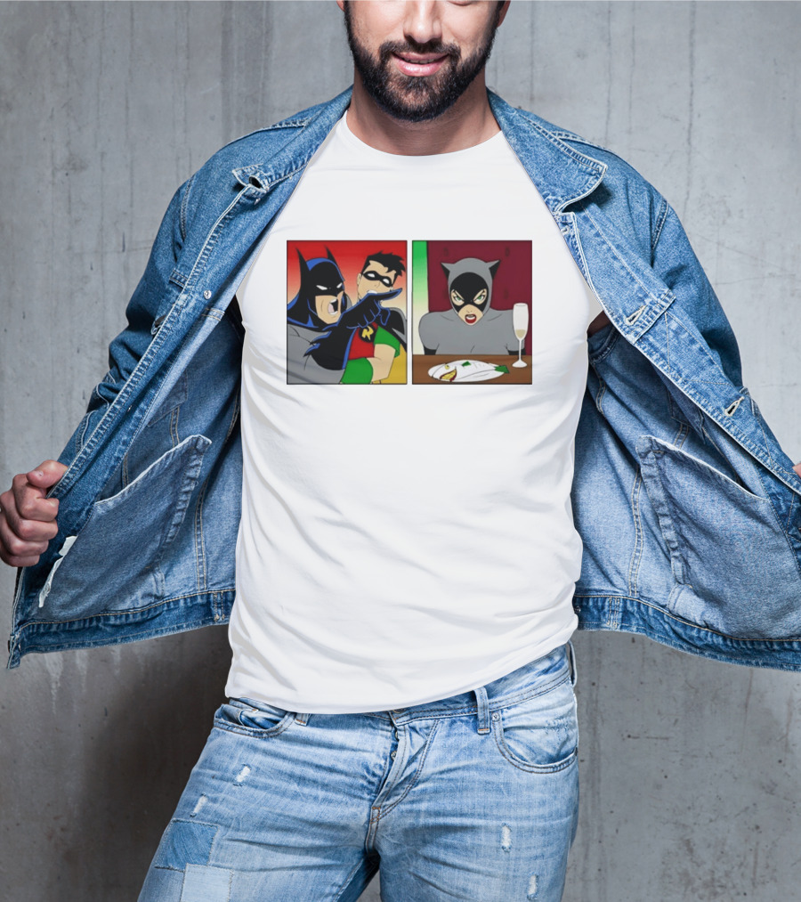 Batman Robin Yelling At Catwoman Meme Panel With Fish Plate And Wine Glass T-Shirt