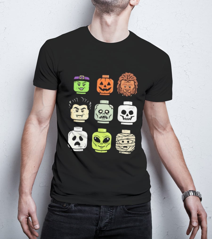 Distressed Halloween Minifigure Frankenstein Pumpkin Werewolf Dracula Zombie Ghost Alien Mummy Heads Collection T-Shirt