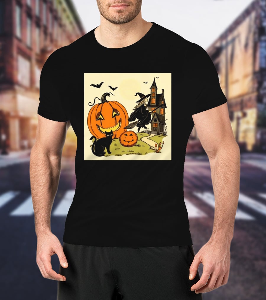 Spooktacular Halloween Black Cat Witch Pumpkin Haunted House T-Shirt