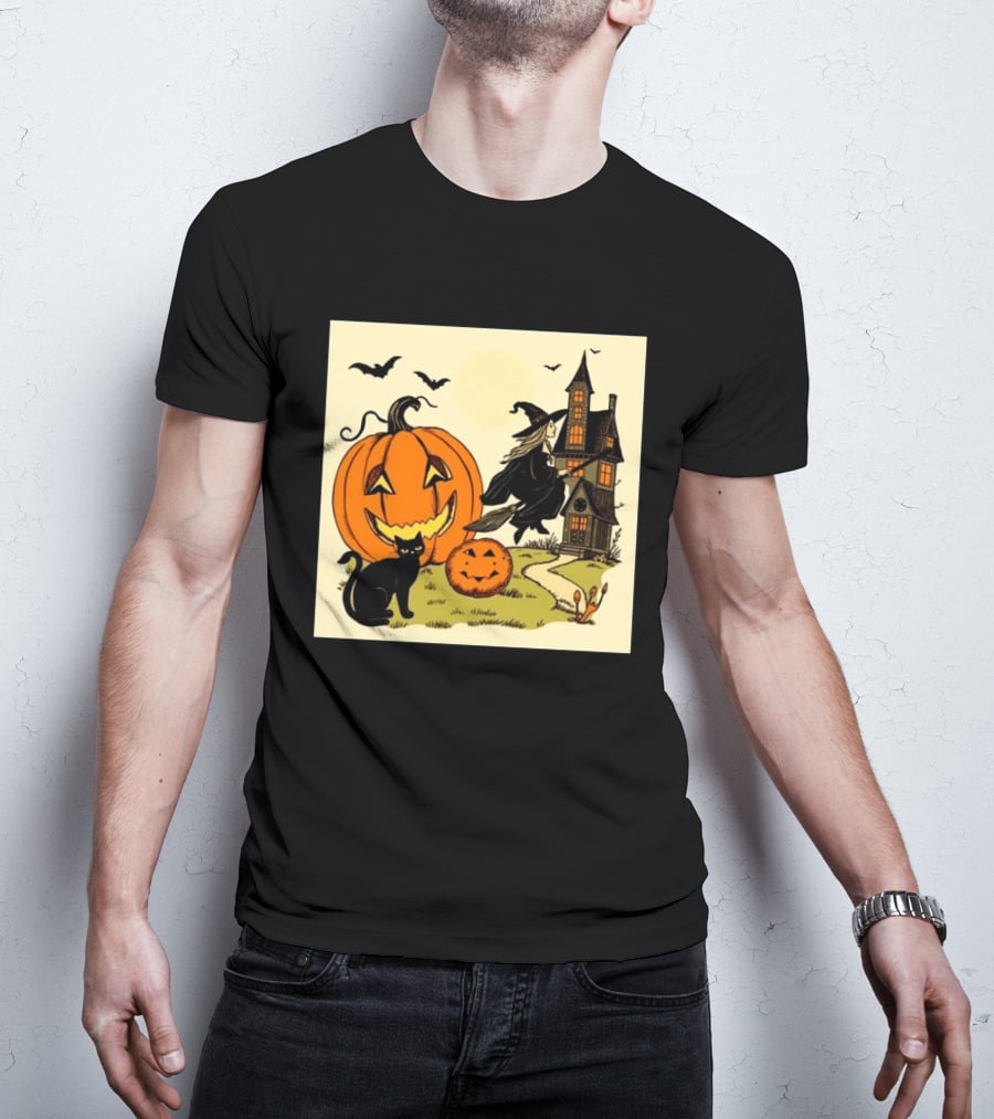 Spooktacular Halloween Black Cat Witch Pumpkin Haunted House T-Shirt